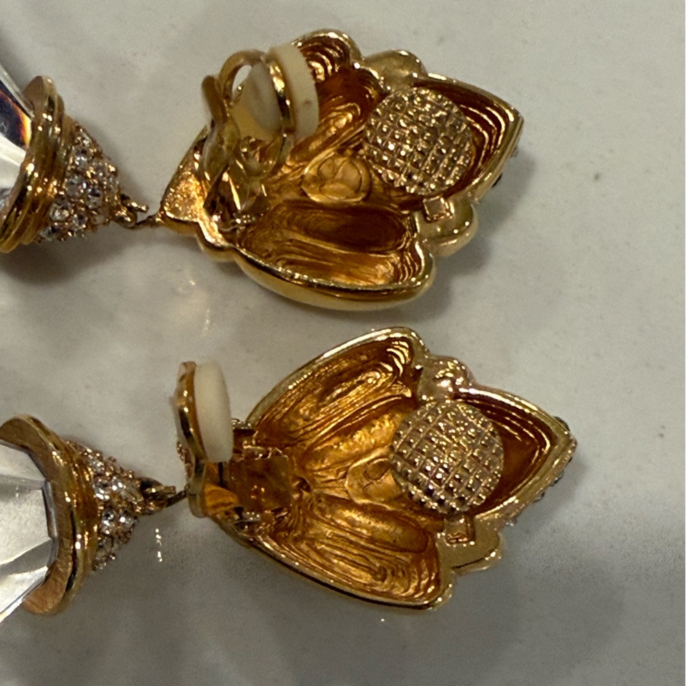 St. John Clip on Elegant Gold and Silver Crystal Drop Earrings - Picture 6 of 7